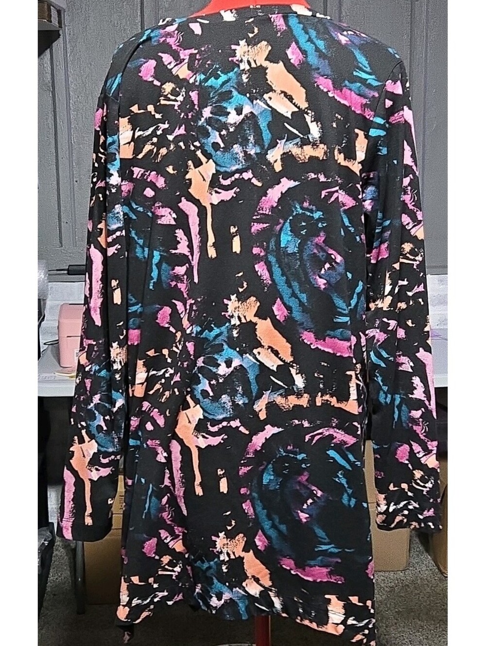 Lildy Black/Pink/Blue Abstract V-Neck Side Slit Long Sleeve Tunic Top L-XL - Picture 3 of 5